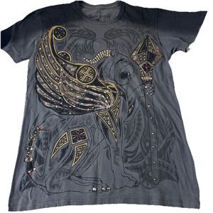 KONQUEST Mens S Winged Lion/Scepter Graphic Print T-Shirt Gray Black studded
